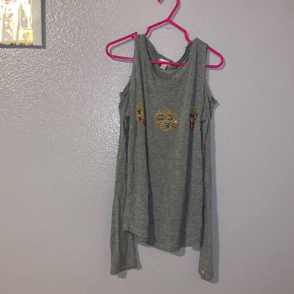 Me.n.u grey sequined emoji smiley face open shoulder long sleeve top
